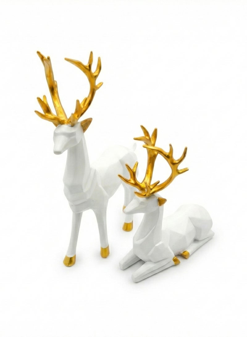 بيرام تمثال غزال عيد الميلاد بتصميم هندسي عصري باللون الأبيض مع تاج ذهبي، بحجمين كبير وصغير – ديكور غزال أنيق مصنوع من الراتنج الأبيض مع قرون ذهبية – قطعة فاخرة لتزيين المنزل في موسم الأعياد - Image 1